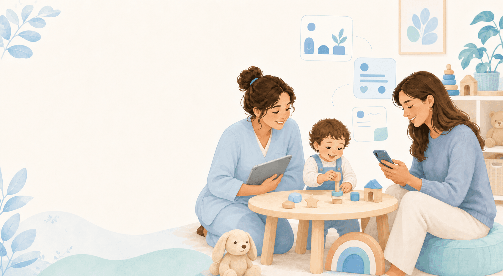 Une professionnelle utilise sa tablette tandis qu’un enfant joue avec des blocs en bois, accompagné de son parent.